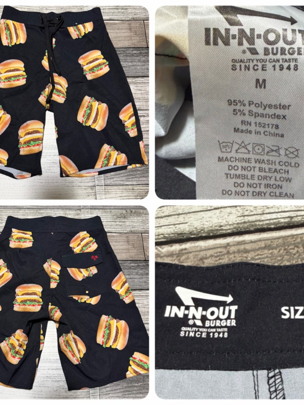In N Out Burger Board Shorts Boys M Black All Over Print Surf Beach (Inseam 8)